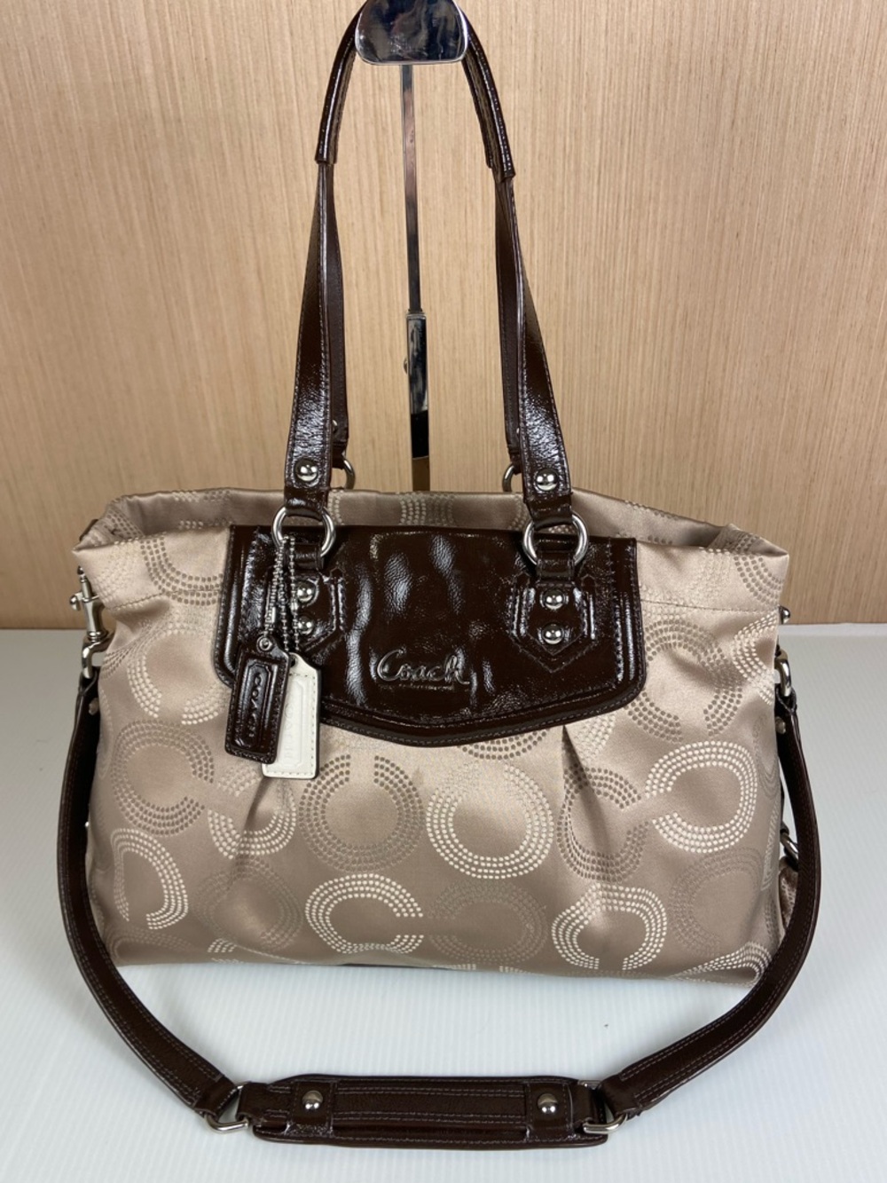 Coach Signature C Jacquard Shoulder Bag Crossbody Brown Patent Leather Satchel